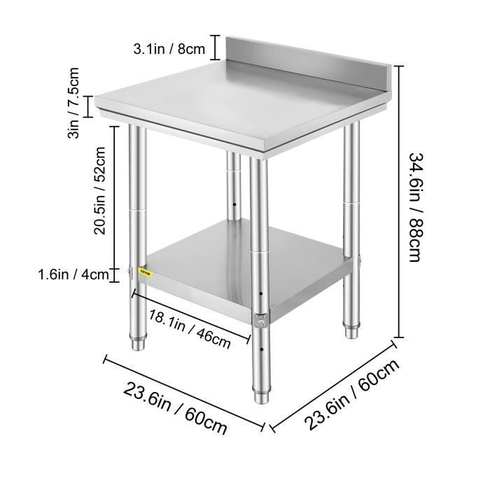 60x60x80 cm Table de Travail Cuisine - VEVOR - 2 étage Charge 750 kg avec Accessoires de Montage - pour Préparation Repas