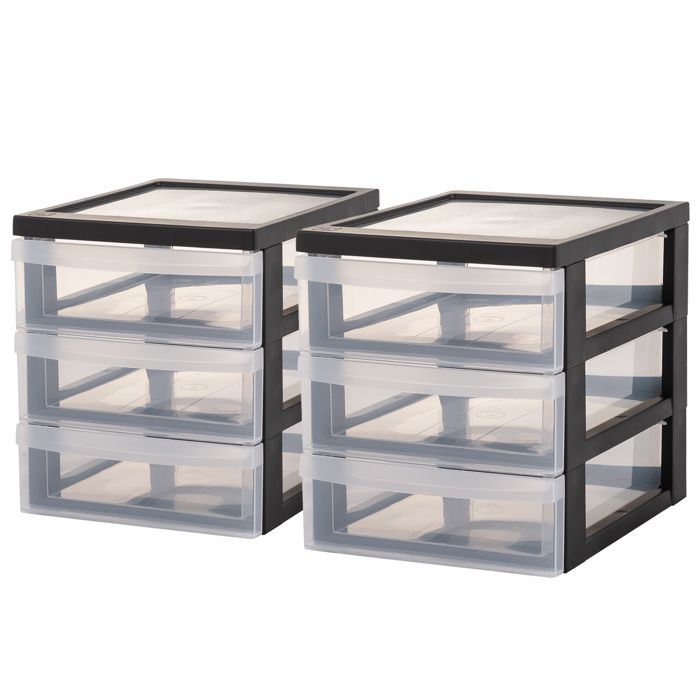 Torre de armazenamento de mesa em plástico A5, Iris Ohyama, com 3 gavetas pequenas, conjunto de 2 unidades, preta, DC-A5