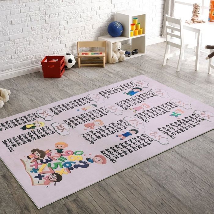 Alfombra infantil - MANI TEXTILE - Tabla de multiplicar - Lavable y antideslizante - Rosa - 100x160cm