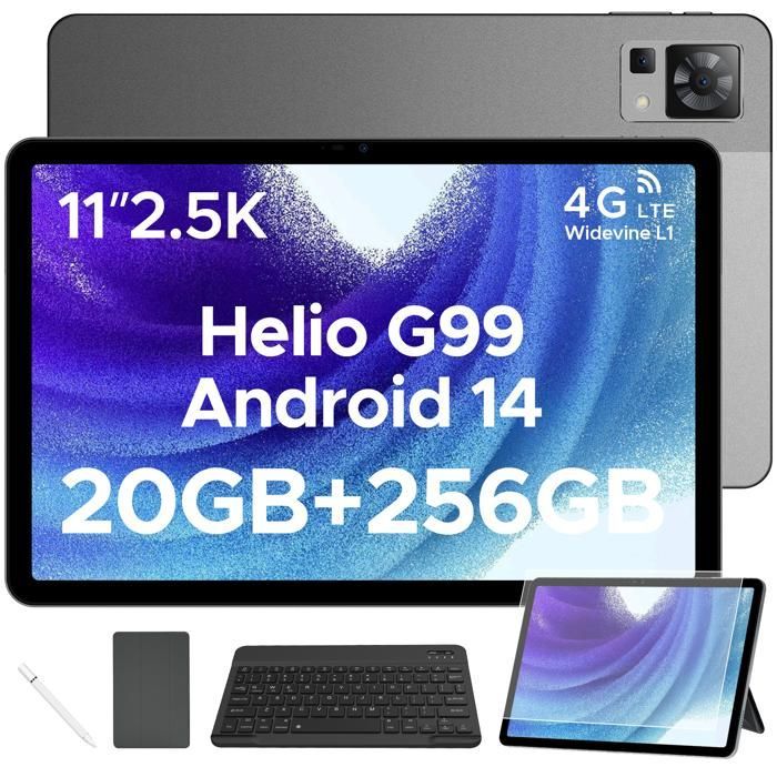DOOGEE T35 Tablet - 11-inch 2.5K Screen, 20GB + 256GB Storage - Android 14 - 4G, Wi-Fi, Dual SIM, with Keyboard and Stylus - Gray