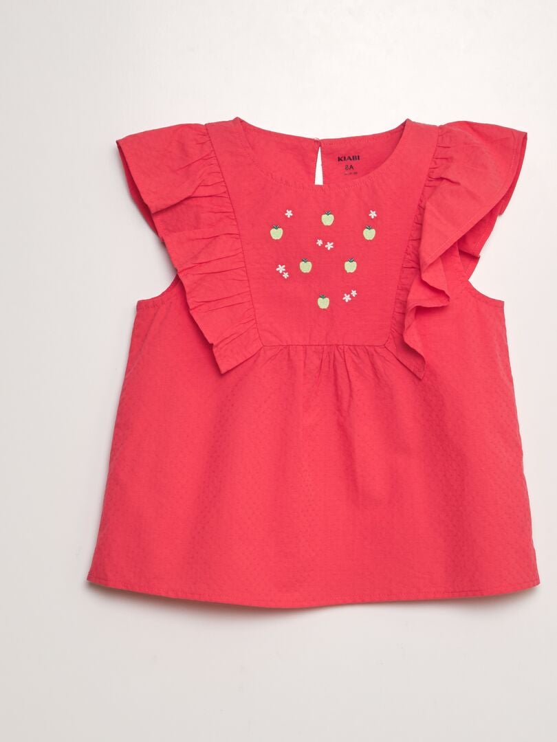 Blouse met ruches en 'fruit'-borduurwerk - ROOD