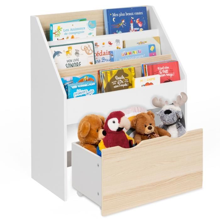 Estantería infantil IDMARKET MANA con 3 estantes y 1 cesta, con ruedas, color blanco y haya.