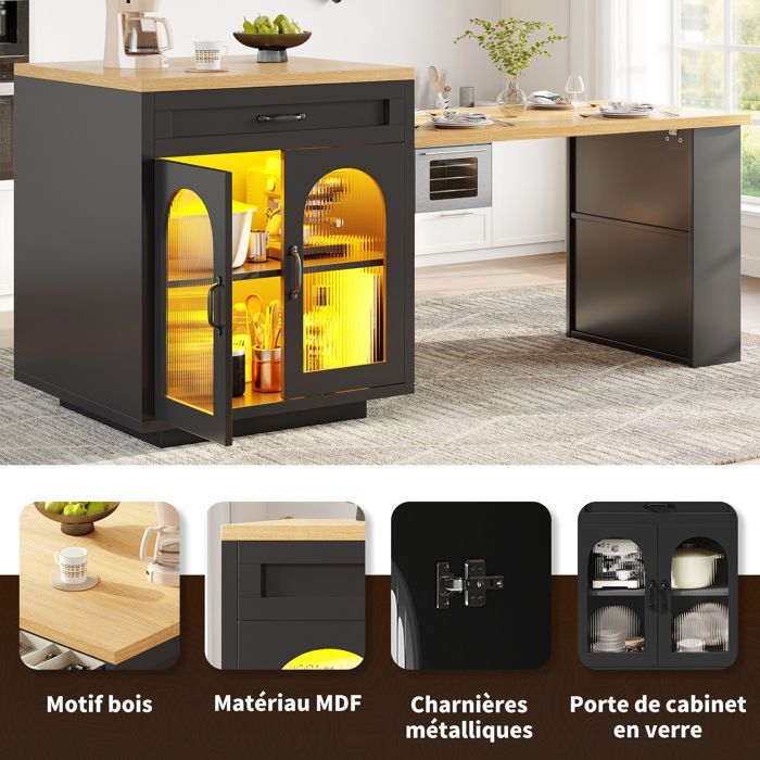 Isla de cocina extensible con iluminación LED RGB, mando a distancia y temporizador, encimera, 2 cajones y puerta, color negro.
