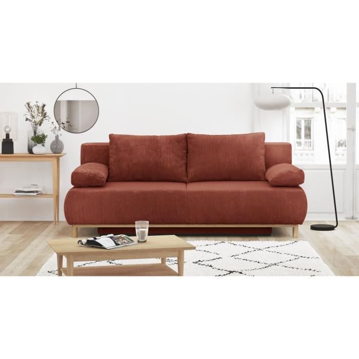 Canapé convertible - 3 places - MIKA - Velours côtelé terracotta - Coffre de rangement - L 192 x H 84 x P 93 cm