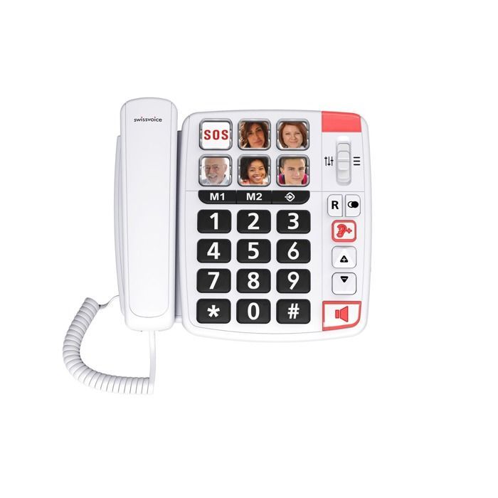 Teléfono fijo para personas mayores - SWISSVOICE Xtra 1110 - Botones grandes, SOS, amplificador auditivo