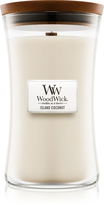Woodwick Island kokosų kvapo žvakė su medine dagtimi
