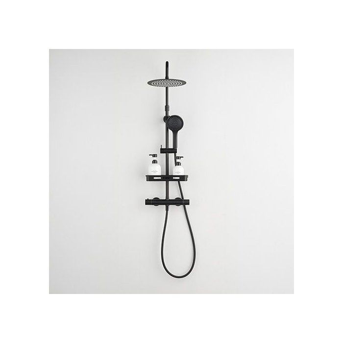 Shower column with thermostatic mixer - Edouard Rousseau - Ars Tab - Black - Round overhead shower - Hand shower