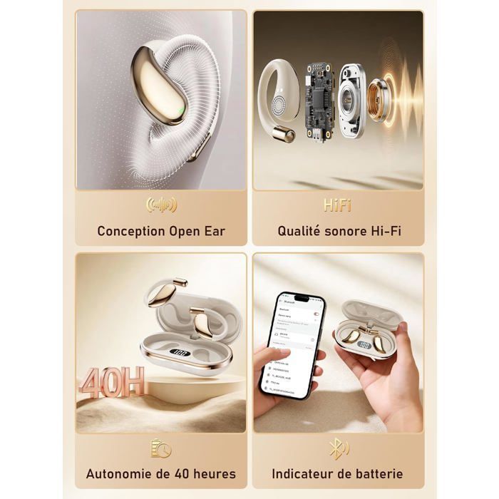 Fone de ouvido com tradutor instantâneo - STAMPILLE - Bluetooth 6.0 - 156 idiomas - 6 modos de tradução - Design aberto