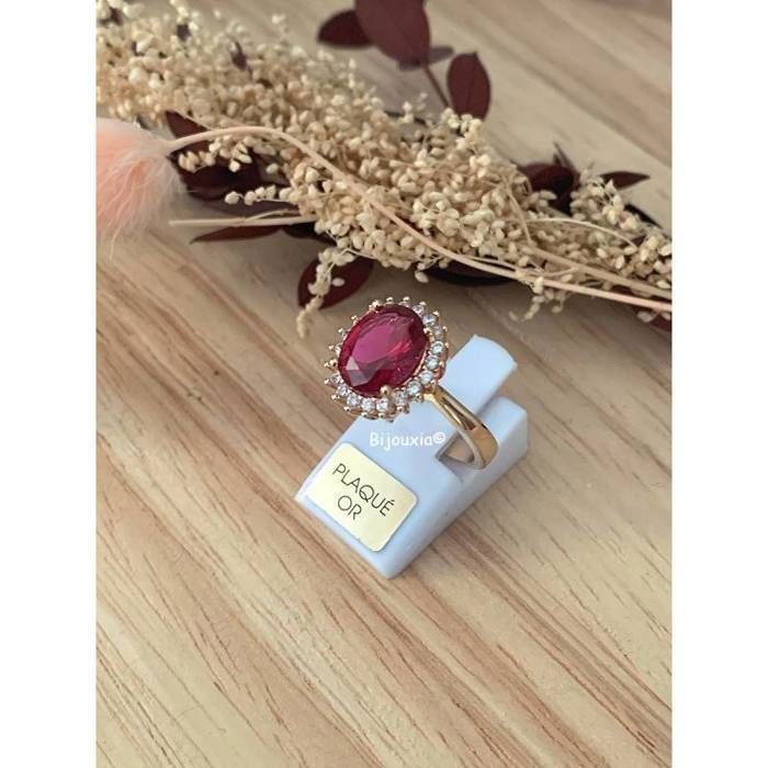 Round Marquise Ring with Ruby and Zirconium, 18k Gold Plated (5 Microns), Sizes 50 to 60 - BIJOUXIA - Women's - Red