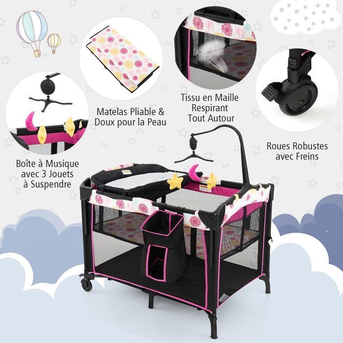 DREAMADE Lit Parapluie Bébé Pliable 3 en 1 avec Table à Lange & Matelas Réglable en Hauteur,avec Jouets,Panier de Rangement