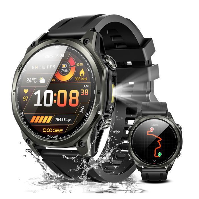 DOOGEE Anywise W1 Montre Connectée – 5ATM Etanche, GPS Double Fréquence, 170+ Modes Sportifs, Écran AMOLED 1.43'' - Noir