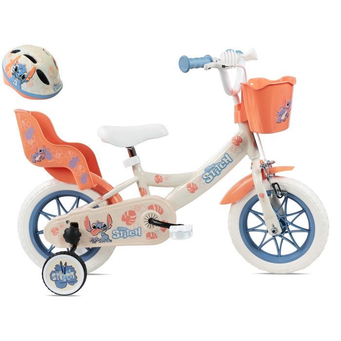 Vélo enfant 12'' STITCH / DISNEY (Taille enfant < 95 cm) avec 1 frein, panier avant, porte poupée, stabilisateurs & Casque inclus !