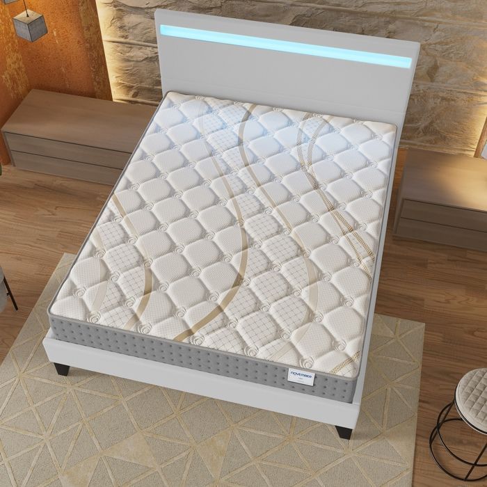 Colchón y cama (140x200cm) - Muelles ensacados Essem de 25cm y espuma de alta densidad + Base de láminas estable y cabecero LED Blanco