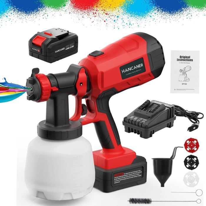 Pistolet à peinture électrique sans fil - 20V 4000mAh - 3 buses (1,5/1,8/2,2 mm) - 1100 ml/min - Cuve 1,2 L