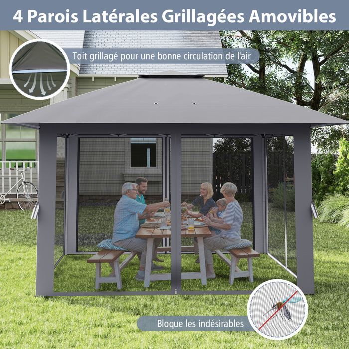 Tonnelle de Jardin Réception 394 x 394cm-COSTWAY- Pop-Up Hauteur Réglable à 3 niveaux -6 à 8 Personnes-Anti-UV Pliable pour Fête