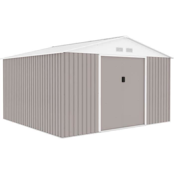 Metalen tuinschuur 10,85 m² - 340 x 319 x 210 cm - JUPITER - Inclusief verankeringsset, 2 schuifdeuren - Taupe