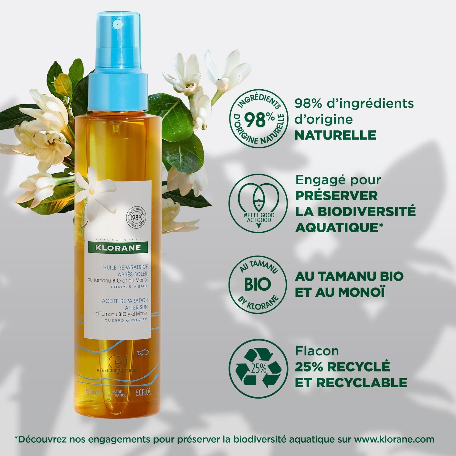 Klorane Huile réparatrice après-soleil au Tamanu BIO et Monoï