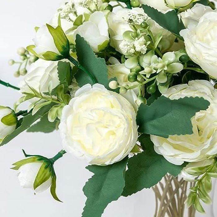 Paquete de 4 (5 cabezas) ramos de peonías blancas artificiales para decoración de bodas y arreglos florales.