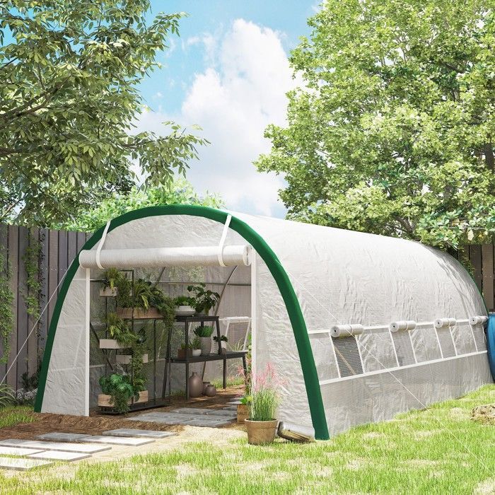 Serre de jardin tunnel - Outsunny - 18 m² serre tomates 8 fenêtres porte zippée acier galvanisé - PE - 6x3x2m - blanc