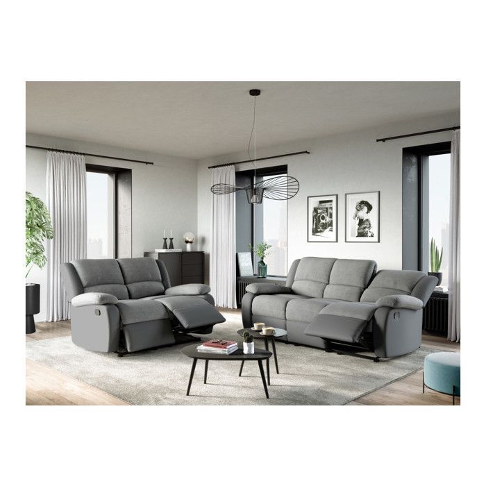 Sofá reclinable de 3 plazas LEO en microfibra y piel sintética - Gris - 193 x 93 x 96 cm - LOUNGITUDE