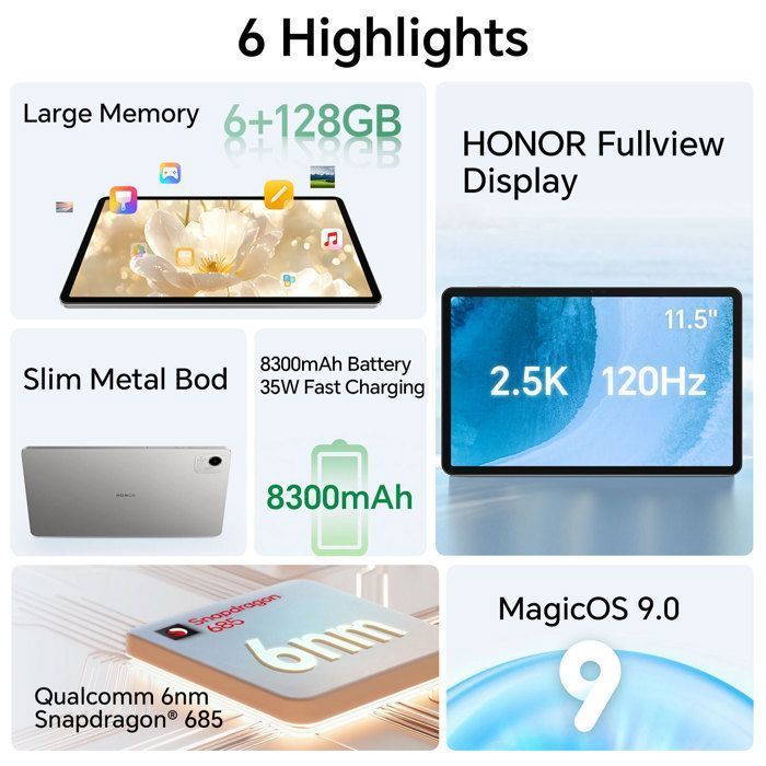Touchscreen-Tablet – HONOR Pad X9a – Grau – 6 GB RAM – 128 GB – WLAN – 11,5 Zoll, 120 Hz, 2,5K-Auflösung – 8300 mAh – EU-Version