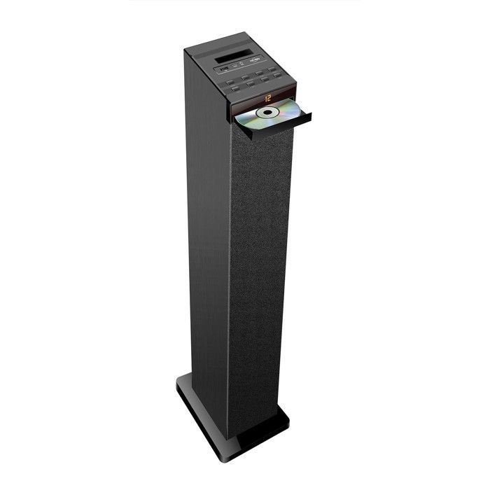 Schwarzer Turmlautsprecher mit CD-Player, Bluetooth, FM-Radio und USB-Anschluss, 60 W + Fernbedienung, 32-GB-USB-Stick im Lieferumfang enthalten