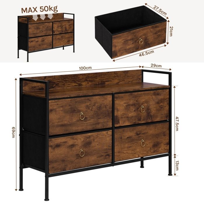 WOLTU Slaapkamer Commode - 4 Stoffen Laden - Stalen Frame - Gebrand Hout Effect + Zwart W0ITT7055