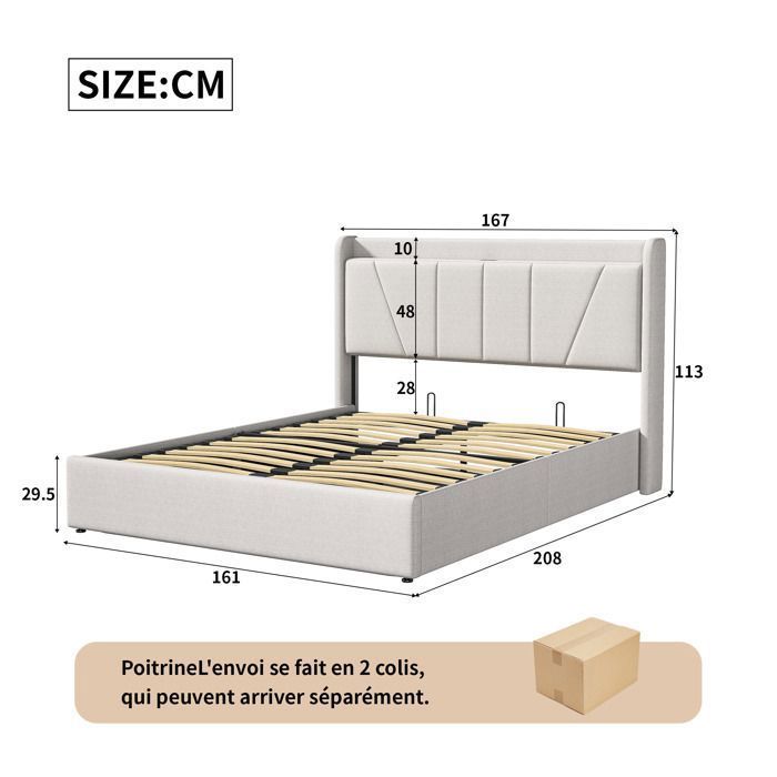 Lit coffre 160x200cm avec ports USB et Type C, lit adulte 160x200 cm avec rangement hydraulique, sommier à lattes, tissu lin, beige
