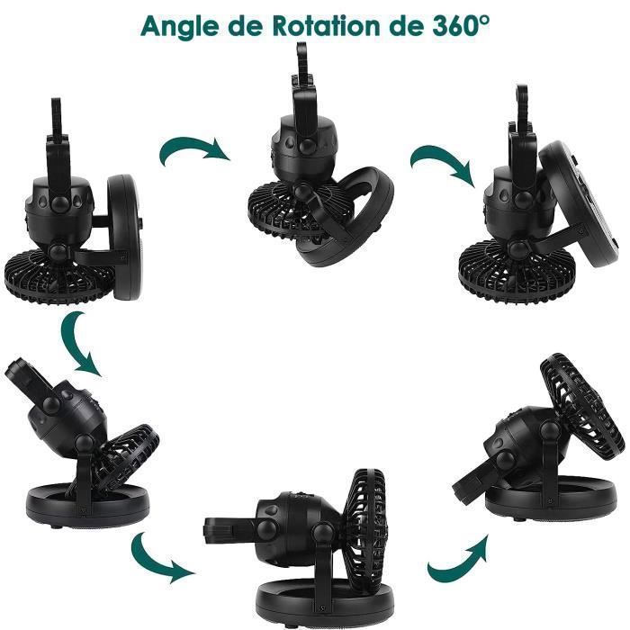 Ventilador de camping 2 em 1 com LED, portátil, para pendurar, 15 cm, 2 velocidades, rotação de 360°, funciona a bateria – Preto
