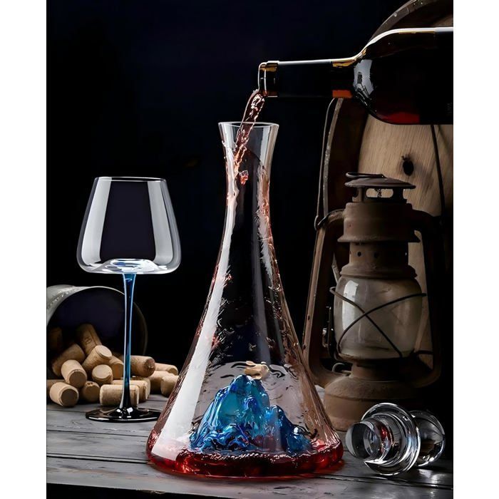 Decantador de vino de cristal de lujo con cascada azul Iceberg integrada, aireador de vino sin plomo con tapón de cristal (1,15 l)