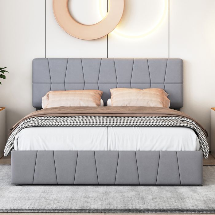 Lit double 160x200 cm avec sommier, lit capitonné avec 4 tiroirs rangement, lit adulte ou ado, cadre de lit rembourré, velours gris