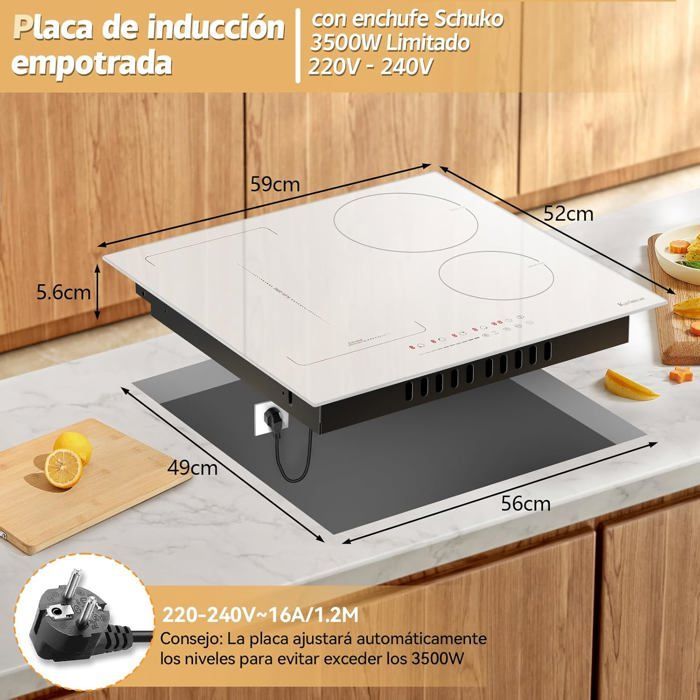 Karinear inductiekookplaat - 4 zones met brugzone - Wit - Inbouw - 60 cm - VDE