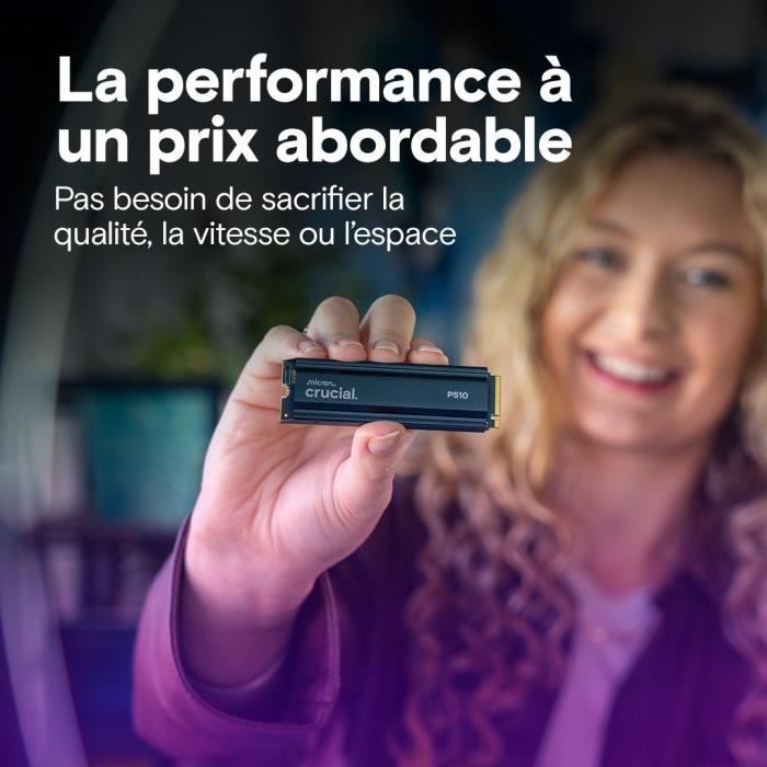 CRUCIAL - P510 - SSD interne - 1 To - PCIe Gen4 NVMe M.2 - Avec dissipateur - Vitesse lecture jusqu'à 1100 Mo/s - CT1000P510SSD5