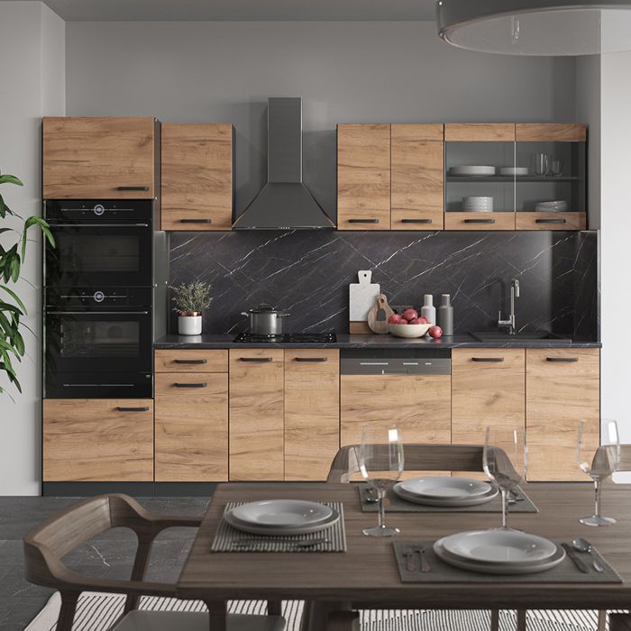 Cuisine R-Line 300cm avec armoire haute, PT Chêne Chêne de force doré Anthracite Vicco 43153