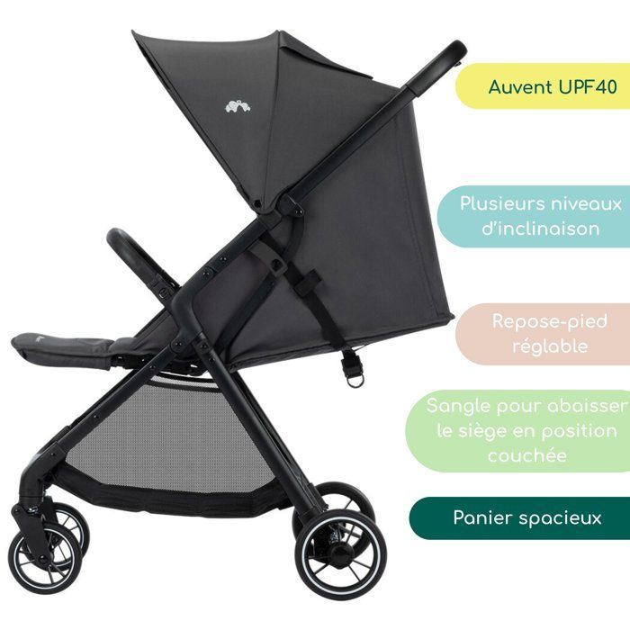 Bebeconfort Azur, poussette canne compacte, 0-3 ans (15 kg), pliage automatique à une main, panier spacieux, Mineral Graphite
