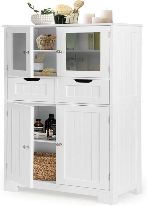 GIANTEX Bathroom Cabinet - Storage Column with 2 Drawers and Adjustable Shelves - Wooden Chest of Drawers - 60 x 30 x 128 cm - White