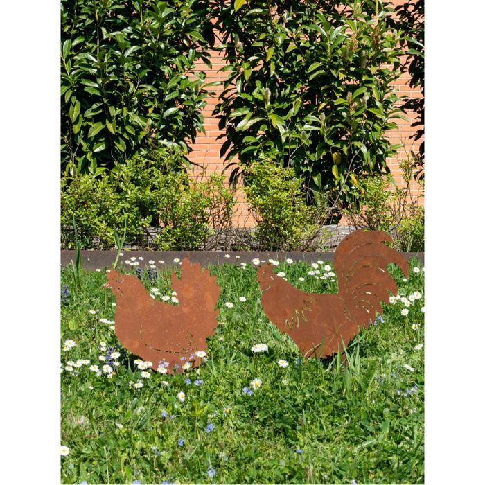 Décors de jardin en métal poule + coq (lot de 2)