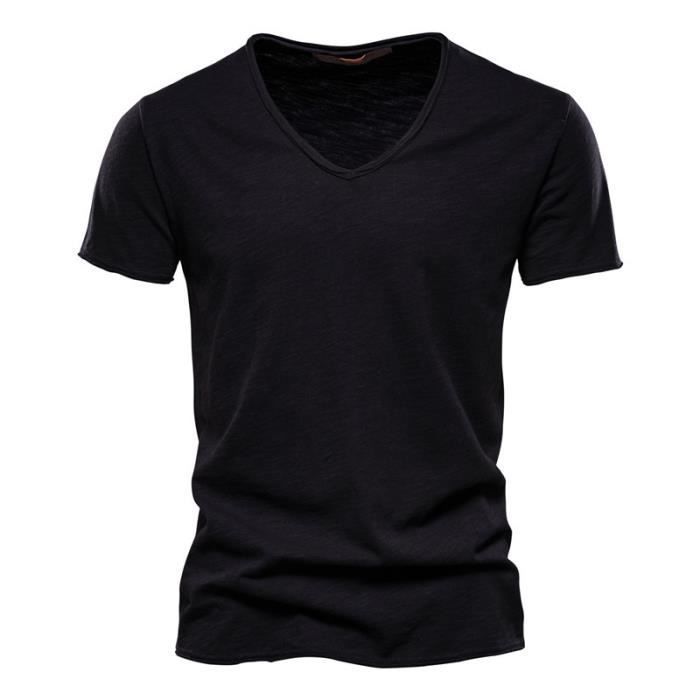 Camiseta de algodón bambú para hombre - FUNMOON - manga corta - cuello en V - negra