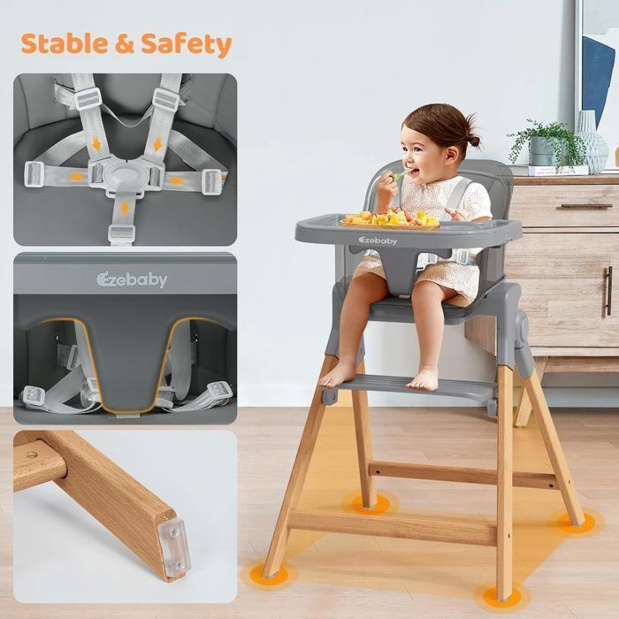 High chair booster seat, bar stool, 6-in-1 multifunctional high chair, wooden legs, from 6 months, grey