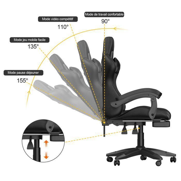 Chaise de gaming de bureau avec repose-pieds ergonomique, pivotant à 90 °, avec coussin lombaire & appuie-tête, réglable en hauteur
