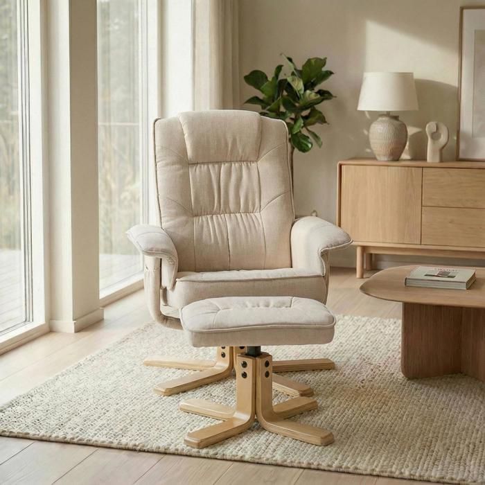Sillón reclinable CHARLY con reposapiés, otomana, asiento giratorio, respaldo reclinable y asiento acolchado, en tejido beige.