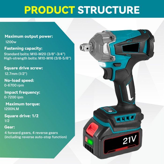 Llave de impacto inalámbrica sin escobillas, equipada con 2 baterías, 1200 Nm, con 6 vasos de impacto, luz de trabajo LED.