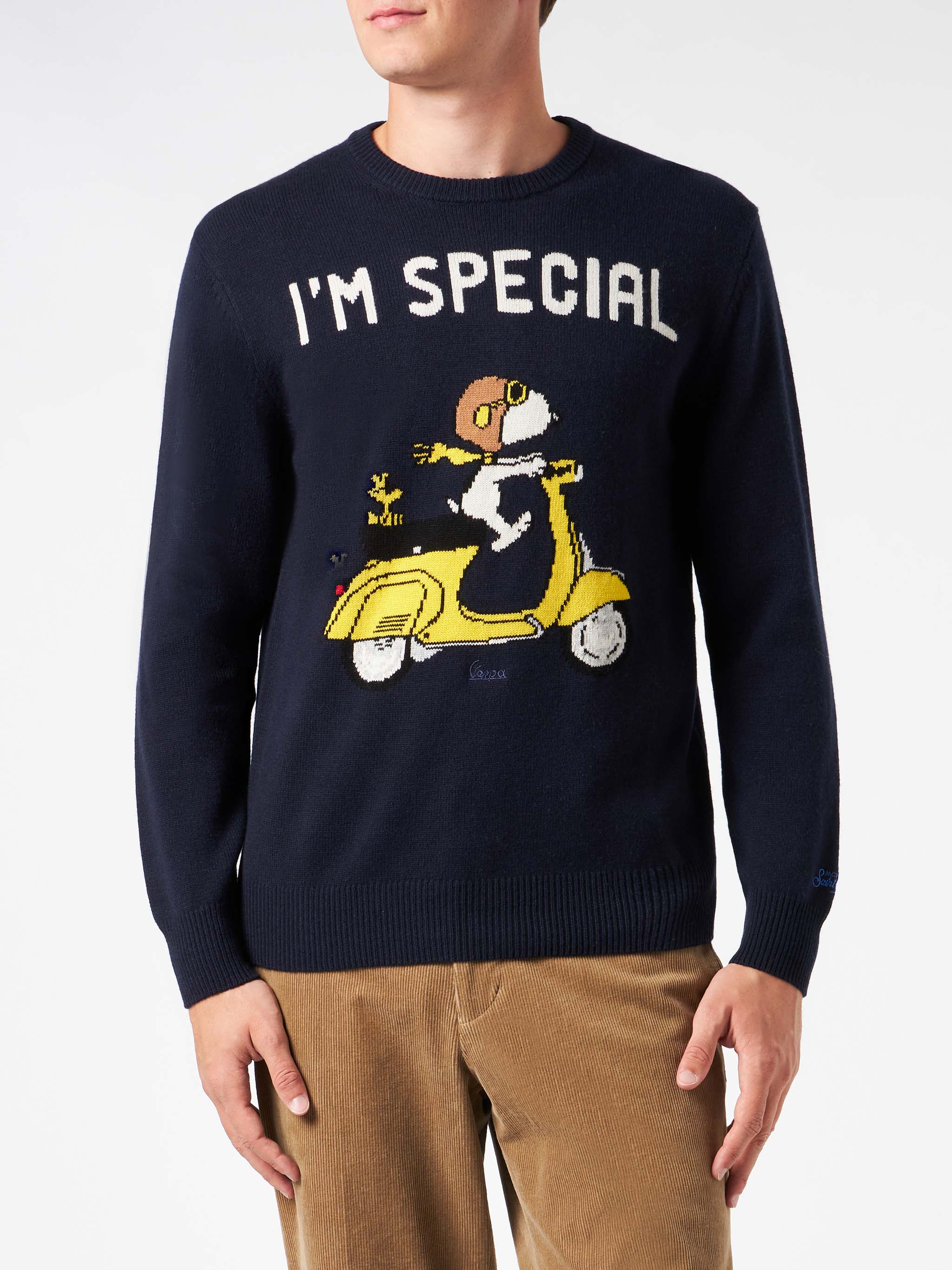 Maglione da uomo girocollo con stampa jacquard scooter Snoopy | SNOOPY
