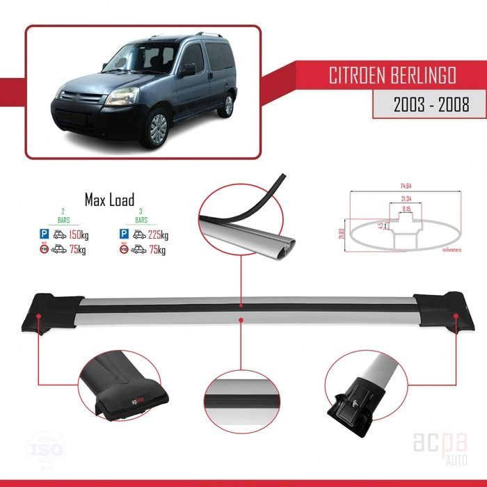 Barras de techo para Citroën Berlingo 2003-2008, portaequipajes para coche, modelo FLY, color gris.