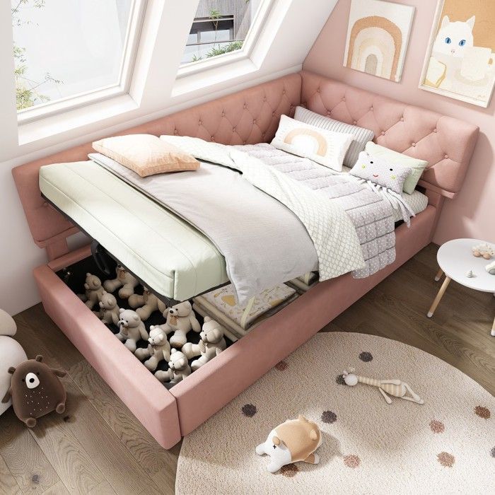 Kinderdagbed 90x190cm, hydraulisch verstelbaar, in roze - met opbergruimte, lattenbodem, fluwelen bekleding - voor kinderen en tieners, matras niet inbegrepen