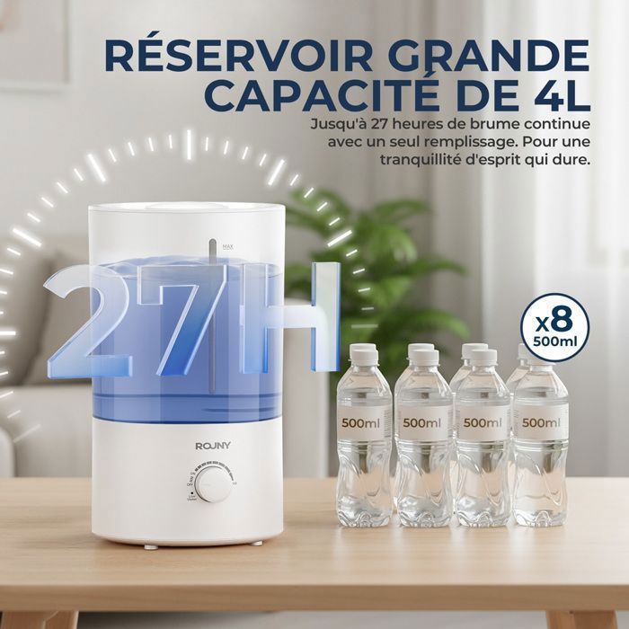 Humidificador de aire ROUNY 4L - Funcionamiento ultrasilencioso - 350 ml/h - Salida de niebla ajustable de 360° - NOS W3