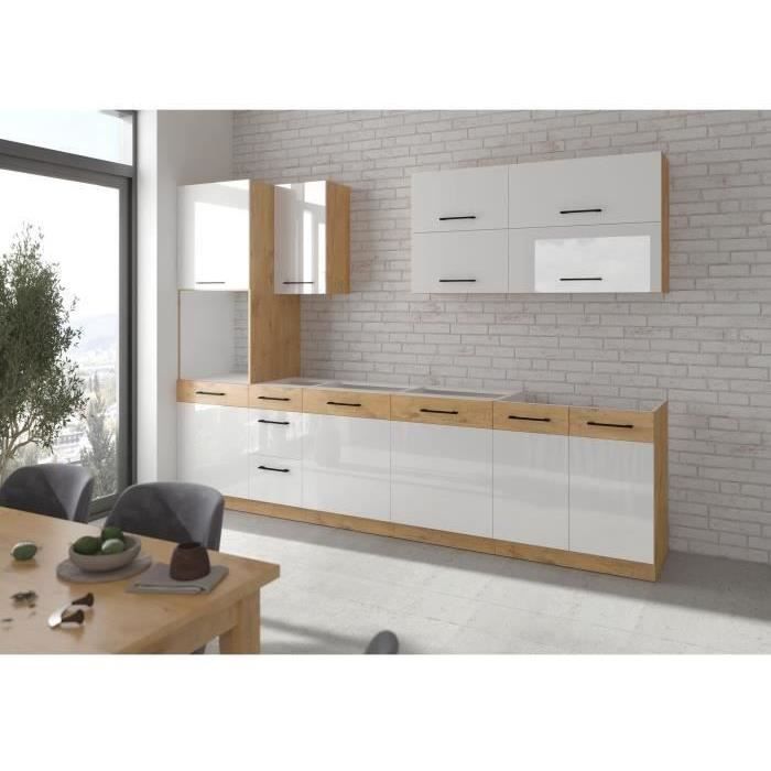 ROCK - Cocina completa - Roble Lancelot y melamina blanca brillante - 300 cm - Encimera no incluida