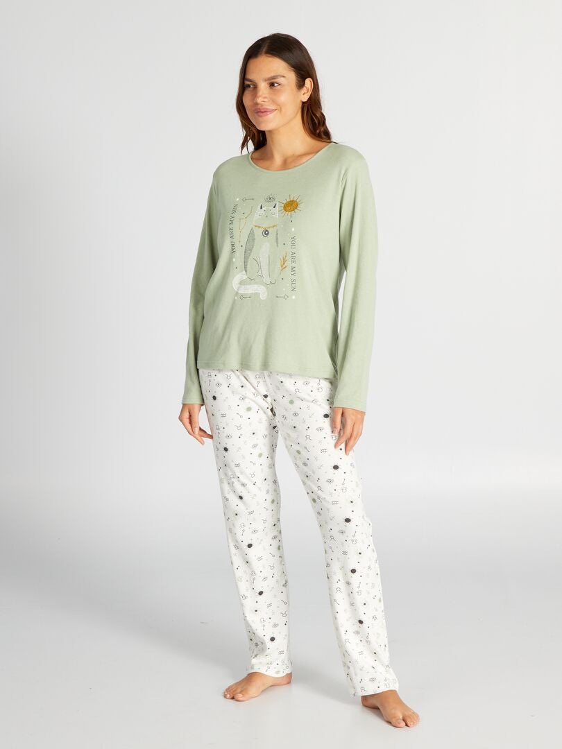 Lange pyjamaset met t-shirt en jerseybroek - 2-delig - groen/wit