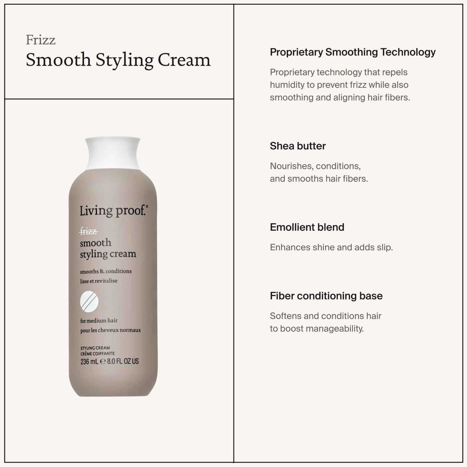 Living Proof pörröisyyttä ehkäisevä hiusvoide, silottava muotoiluvoide – 60 ml