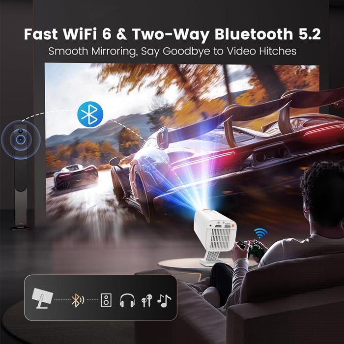 Isinbox Mini 4K draagbare projector met wifi en Bluetooth, 130 inch scherm, intelligente thuisbioscoop voor telefoon, pc, HDMI, USB - wit